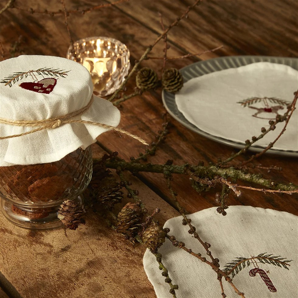 Juletekstil til krukker og glass – brodert 16 cm