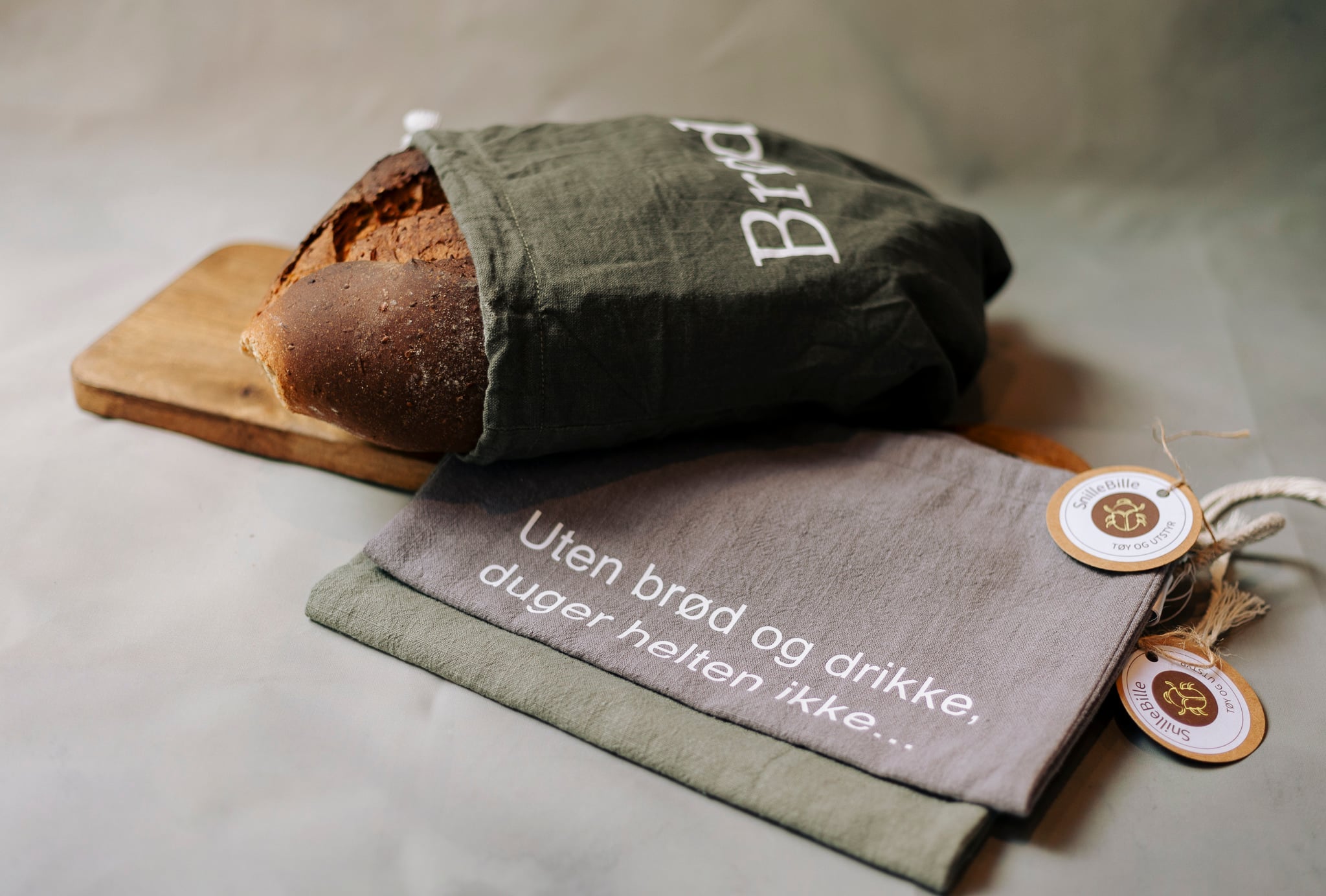 Brødpose i lin - grå med print